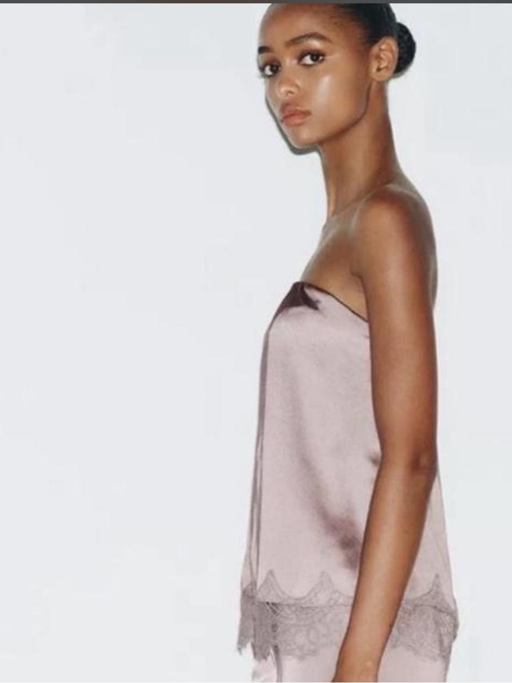 Zara Satin Strapless Lace-Trim Cami - Dusty Pink